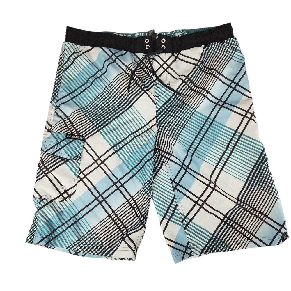 Epic Threads Board Short L 32 Men Windowpane Plaid White‎ Blue Surfer Skater 10"